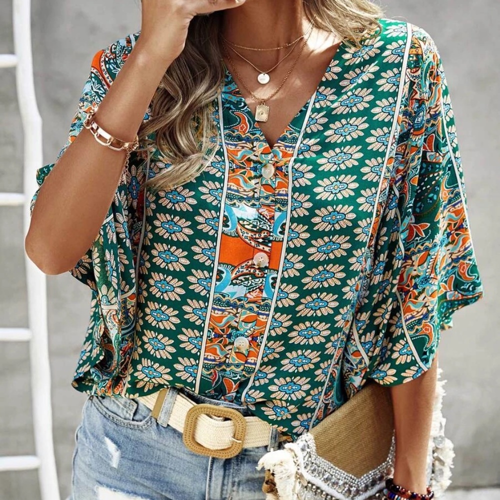 Boho Floral Print Kimono Sleeve Oversized Top - Picture 3 of 5